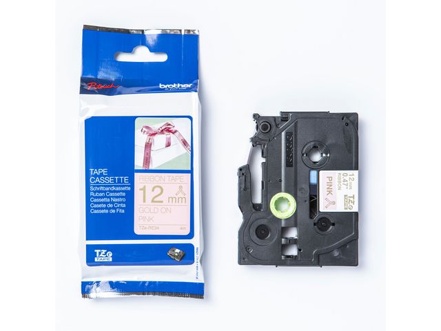 Tape BROTHER TZERE34 12mm guld på rosa