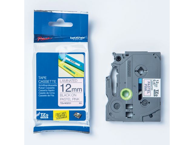 Tape BROTHER TZEMQE31 12mm svart på rosa