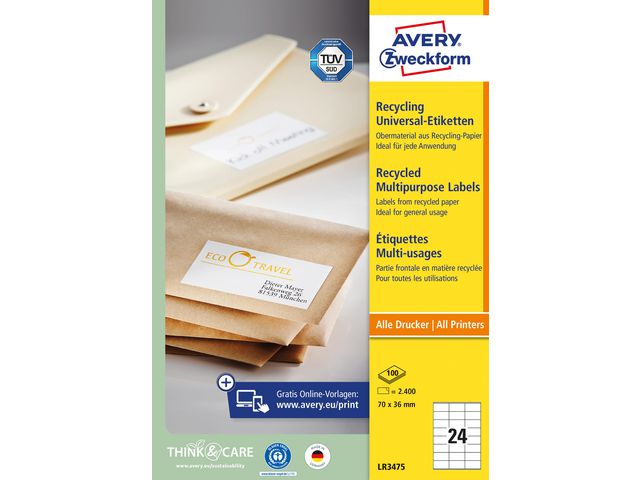Etikett AVERY återv. 70x36mm 2400/fp