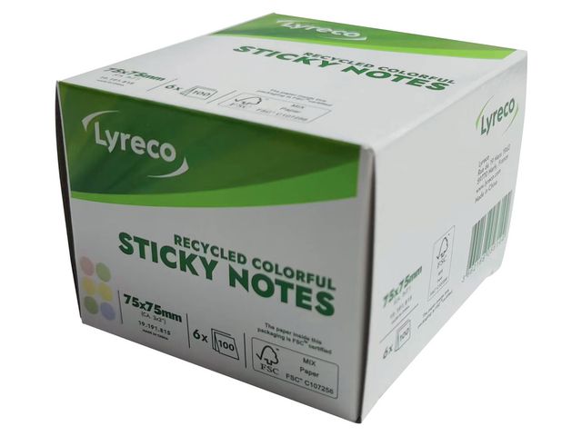 Notes LYRECO recycled 75x75mm sort. 6/fp